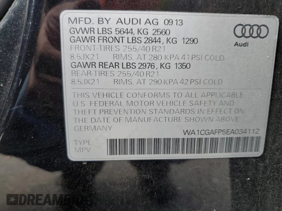 2014 Audi SQ5 Premium Plus with VIN WA1CGAFP5EA034112, listed as a Copart auction lot 75224694 with 166,055 mi miles and Salvage Title. Bid and sale history available at carsss.com. Image 14.