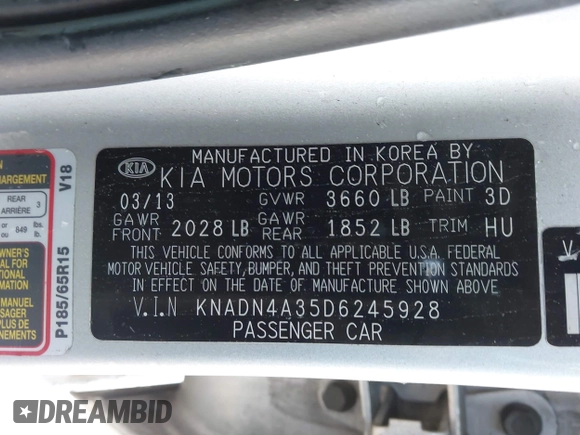 2013 Kia Rio EX with VIN KNADN4A35D6245928, listed as a IAAI auction lot 42214398 with Not provided miles and . Bid and sale history available at DreamBid. Image 9.