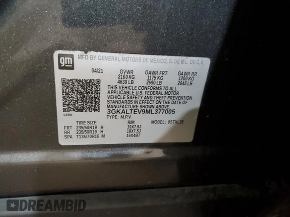 2021 GMC Terrain SLE с VIN 3GKALTEV9ML377005, выставлен на аукционе Copart как лот 56672755 с пробегом 67 583 миль миль и Списание • Salvage title. История ставок и продаж доступна на DreamBid. Изображение 13.
