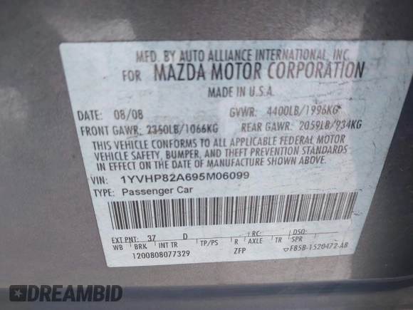 2009 Mazda 6 i Touring with VIN 1YVHP82A695M06099, listed as a IAAI auction lot 41318505 with 191,042 mi miles and . Bid and sale history available at carsss.com. Image 9.