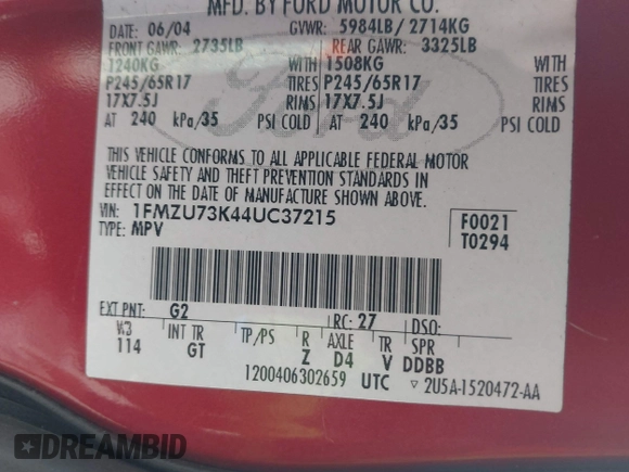 2004 Ford Explorer XLT z VIN 1FMZU73K44UC37215, wystawiony jako IAAI lot #42685315 z przebiegiem 150 542 mil mil oraz . Historia ofert i sprzedaży dostępna na DreamBid. Obrazek 9.