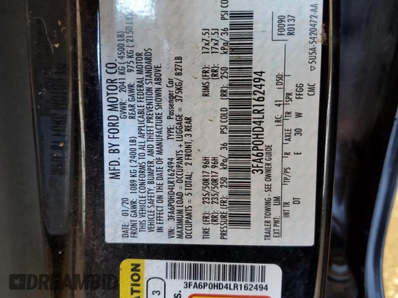 2020 Ford Fusion SE with VIN 3FA6P0HD4LR162494, listed as a Copart auction lot 48019175 with 71,534 mi miles and Salvage Title. Bid and sale history available at DreamBid. Image 13.