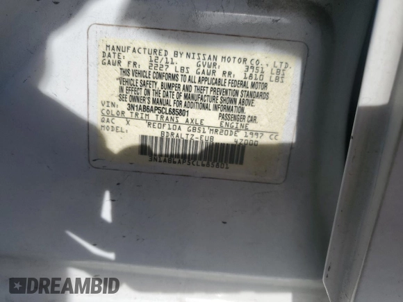 2012 Nissan Sentra S with VIN 3N1AB6AP5CL685801, listed as a Copart auction lot 54269395 with 90,960 mi miles and Salvage title. Bid and sale history available at DreamBid. Image 12.