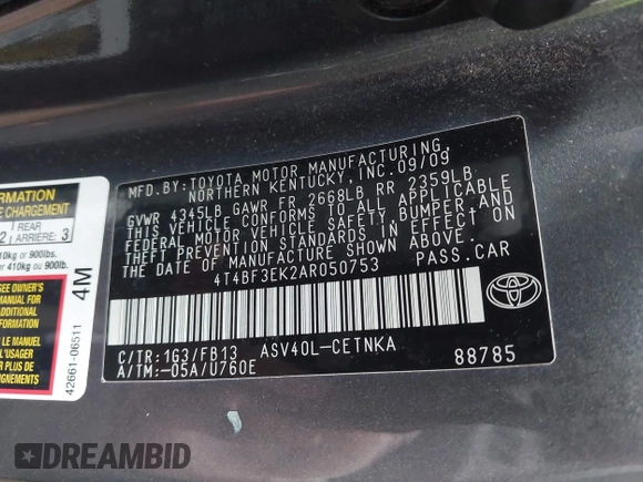 2010 Toyota Camry with VIN 4T4BF3EK2AR050753, listed as a IAAI auction lot 41946028 with 163,030 mi miles and . Bid and sale history available at DreamBid. Image 9.