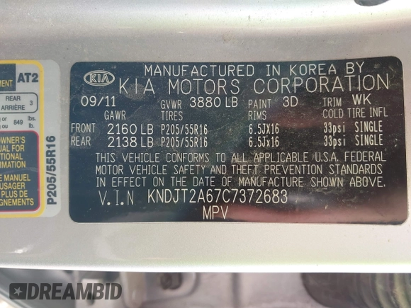 2012 Kia Soul + with VIN KNDJT2A67C7372683, listed as a IAAI auction lot 41464462 with 173,664 mi miles and . Bid and sale history available at DreamBid. Image 9.