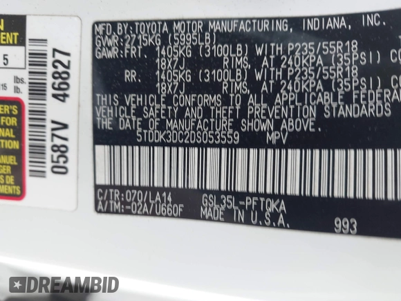 2013 Toyota Sienna XLE with VIN 5TDDK3DC2DS053559, listed as a IAAI auction lot 41299824 with 175,611 mi miles and . Bid and sale history available at DreamBid. Image 9.