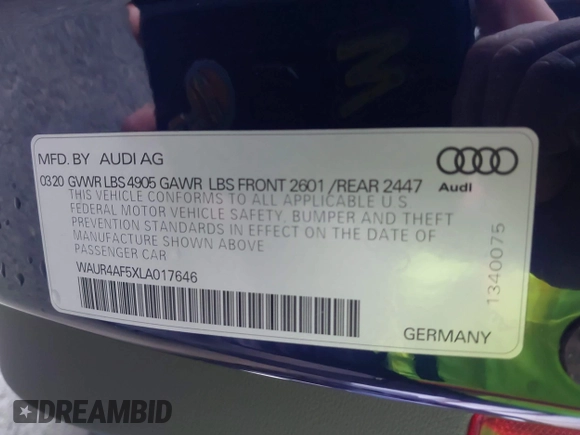 2020 Audi S5 Prestige with VIN WAUR4AF5XLA017646, listed as a IAAI auction lot 41898552 with 66,218 mi miles and . Bid and sale history available at DreamBid. Image 9.