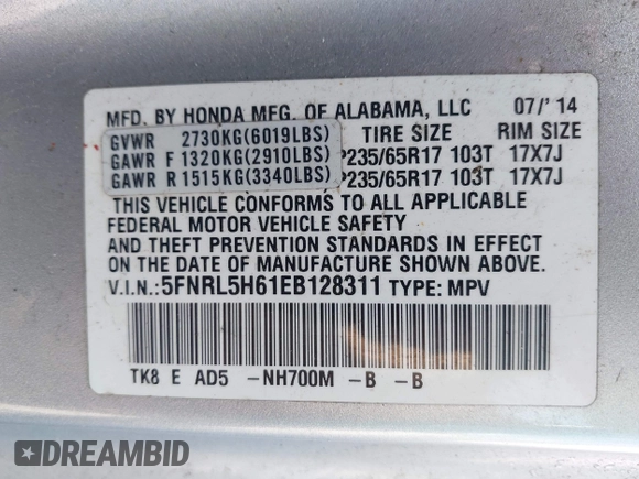 2014 Honda Odyssey EX-L with VIN 5FNRL5H61EB128311, listed as a IAAI auction lot 42334932 with 270,135 mi miles and . Bid and sale history available at DreamBid. Image 9.