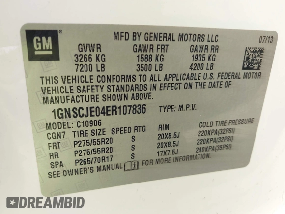 2014 Chevrolet Suburban LT with VIN 1GNSCJE04ER107836, listed as a IAAI auction lot 41698679 with 106,139 mi miles. Bid and sale history available at carsss.com. Image 9.