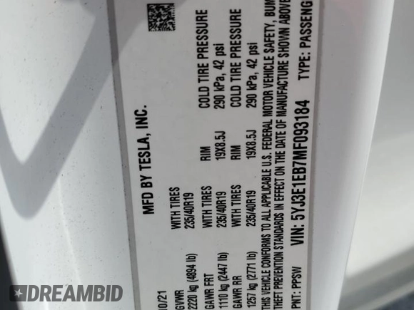 2021 Tesla Model 3 Long Range z VIN 5YJ3E1EB7MF093184, wystawiony jako Copart lot #58060385 z przebiegiem 51 678 mil mil oraz Nie do naprawy • Non repairable. Historia ofert i sprzedaży dostępna na DreamBid. Obrazek 12.