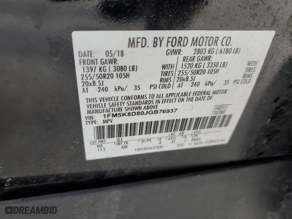 2018 Ford Explorer XLT with VIN 1FM5K8D80JGB76937, listed as a Copart auction lot 44505935 with 135,846 mi miles and Salvage Title. Bid and sale history available at carsss.com. Image 13.