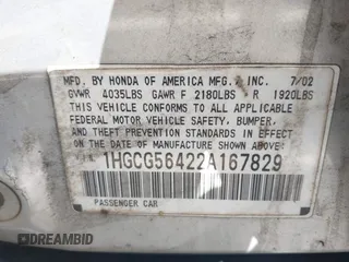 2002 Honda Accord LX with VIN 1HGCG56422A167829, listed as a IAAI auction lot 42401497 with 221,550 mi miles and . Bid and sale history available at DreamBid. Image 9.