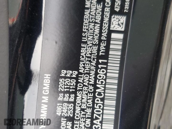 2023 BMW M4 Competition xDrive with VIN WBS43AZ05PCM59611, listed as a Copart auction lot 50389065 with 14,205 mi miles and Salvage title. Bid and sale history available at DreamBid. Image 12.