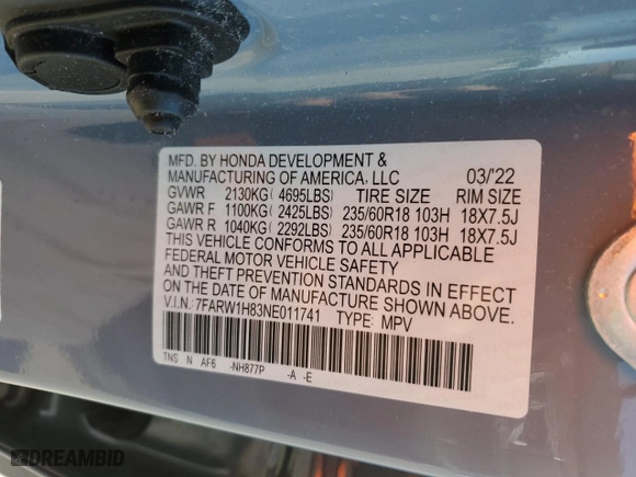2022 Honda CR-V EX-L with VIN 7FARW1H83NE011741, listed as a Copart auction lot 47458685 with 47,179 mi miles and Salvage Title. Bid and sale history available at carsss.com. Image 14.