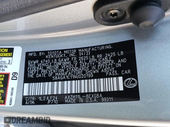 2022 Lexus ES 300h F Sport with VIN 58AGA1C11NU020199, listed as a Copart auction lot 72584274 with 36,351 mi miles and Salvage title. Bid and sale history available at DreamBid. Image 12.