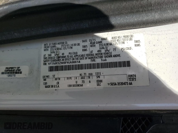 2015 Ford Transit Cargo with VIN 1FTNR1ZM5FKA66614, listed as a Copart auction lot 70069244 with 52,690 mi miles and Salvage Title. Bid and sale history available at DreamBid. Image 13.