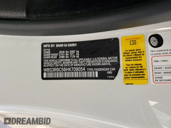 2017 BMW M4 with VIN WBS3R9C56HK709054, listed as a Copart auction lot 52330915 with 64,844 mi miles and Salvage title. Bid and sale history available at DreamBid. Image 13.