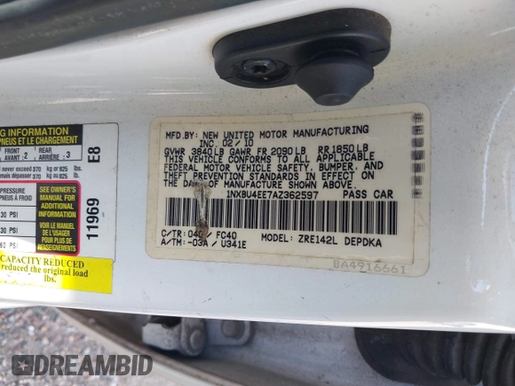 2010 Toyota Corolla with VIN 1NXBU4EE7AZ362597, listed as a IAAI auction lot 41763889 with 146,152 mi miles and . Bid and sale history available at DreamBid. Image 9.