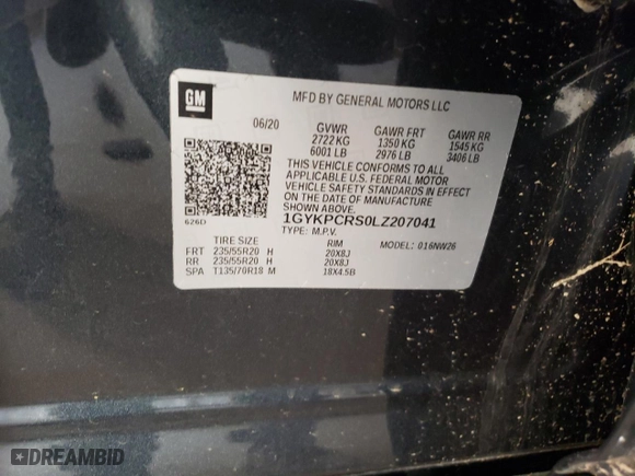 2020 Cadillac XT6 FWD Premium Luxury with VIN 1GYKPCRS0LZ207041, listed as a Copart auction lot 74805654 with 0 mi miles and Salvage Title. Bid and sale history available at carsss.com. Image 13.