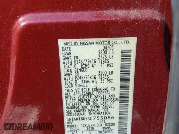 2005 Nissan Pathfinder SE with VIN 5N1AR18U55C755086, listed as a Copart auction lot 46274415 with 263,713 mi miles and Salvage Title. Bid and sale history available at carsss.com. Image 14.