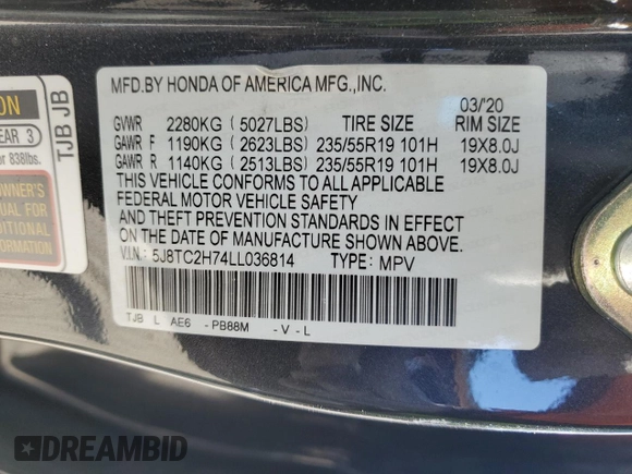 2020 Acura RDX Advance with VIN 5J8TC2H74LL036814, listed as a Copart auction lot 50170135 with 26,933 mi miles and Salvage title. Bid and sale history available at DreamBid. Image 16.