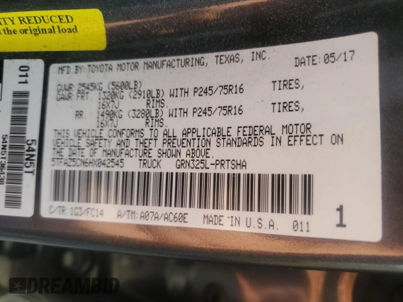 2017 Toyota Tacoma SR5 with VIN 5TFAZ5CN6HX042545, listed as a Copart auction lot 54960805 with 129,559 mi miles and Salvage Title. Bid and sale history available at DreamBid. Image 12.