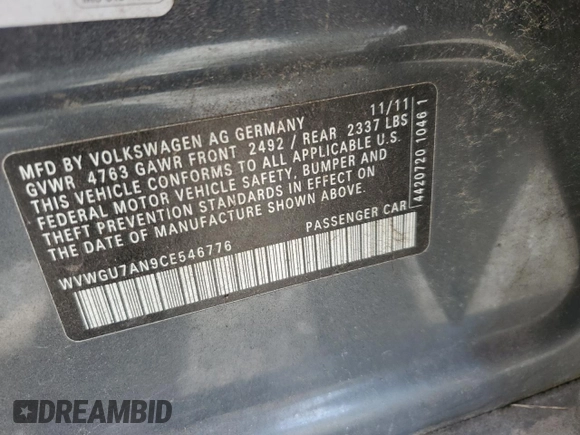 2012 Volkswagen CC VR6 Executive 4Motion with VIN WVWGU7AN9CE546776, listed as a Copart auction lot 64775634 with 182,485 mi miles and Salvage Title. Bid and sale history available at carsss.com. Image 13.