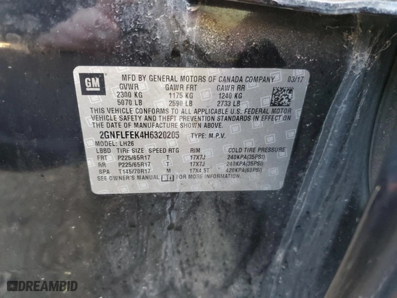 2017 Chevrolet Equinox LT with VIN 2GNFLFEK4H6320205, listed as a Copart auction lot 82921554 with 84,582 mi miles and Salvage Title. Bid and sale history available at carsss.com. Image 13.