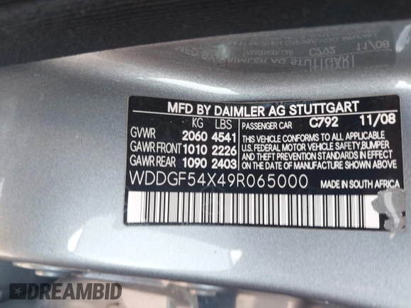 2009 Mercedes-Benz C 300 Sport with VIN WDDGF54X49R065000, listed as a IAAI auction lot 42139499 with 103,586 mi miles and . Bid and sale history available at DreamBid. Image 9.