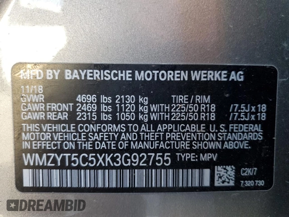 2019 MINI Countryman Cooper S with VIN WMZYT5C5XK3G92755, listed as a Copart auction lot 60106485 with 55,647 mi miles and Salvage title. Bid and sale history available at DreamBid. Image 12.