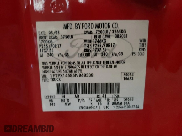 2005 Ford F-150 XLT with VIN 1FTPX14585NB68338, listed as a Copart auction lot 65170485 with Not provided miles and Clean title. Bid and sale history available at DreamBid. Image 12.