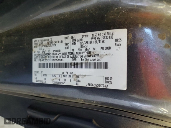 2017 Ford Transit Passenger XL z VIN 1FBAX2CG1HKB53933, wystawiony jako Copart lot #71835964 z przebiegiem 118 240 mil mil oraz Szkoda całkowita • Salvage title. Historia ofert i sprzedaży dostępna na DreamBid. Obrazek 14.