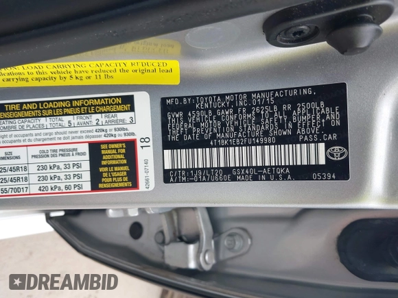 2015 Toyota Avalon Limited with VIN 4T1BK1EB2FU149980, listed as a IAAI auction lot 41897411 with 136,507 mi miles and . Bid and sale history available at DreamBid. Image 9.