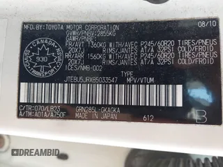 2011 Toyota 4Runner Trail с VIN JTEBU5JRXB5033547, выставлен на аукционе IAAI как лот 42576807 с пробегом 233 681 миль миль и . История ставок и продаж доступна на DreamBid. Изображение 9.