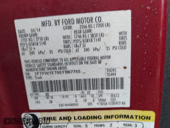 2014 Ford F-150 XL with VIN 1FTFW1ET0EFB67755, listed as a IAAI auction lot 42628729 with 120,518 mi miles and . Bid and sale history available at DreamBid. Image 9.