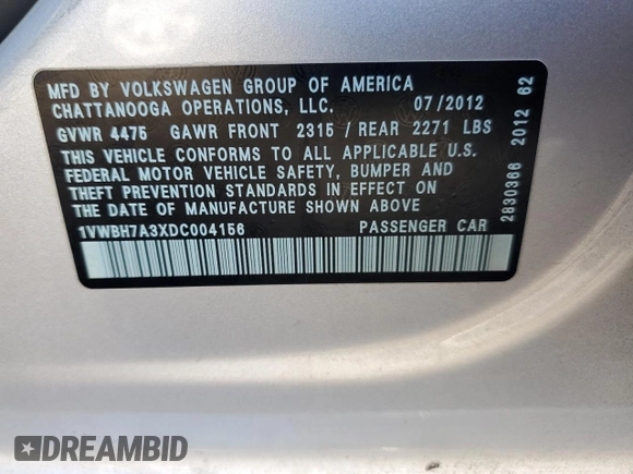 2013 Volkswagen Passat SE with VIN 1VWBH7A3XDC004156, listed as a Copart auction lot 45400585 with 57,533 mi miles and Clean Title. Bid and sale history available at carsss.com. Image 12.