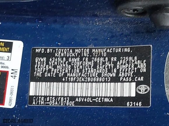 2011 Toyota Camry LE with VIN 4T1BF3EK2BU688013, listed as a IAAI auction lot 41923491 with 226,203 mi miles. Bid and sale history available at carsss.com. Image 9.