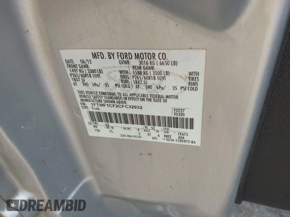 2012 Ford F-150 XL with VIN 1FTMF1CF2CFC32932, listed as a IAAI auction lot 42265750 with 198,381 mi miles and . Bid and sale history available at DreamBid. Image 9.