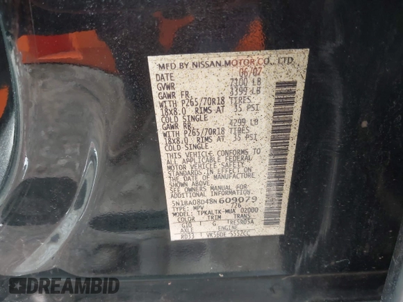 2008 Nissan Armada SE z VIN 5N1BA08D48N609079, wystawiony jako IAAI lot #42279932 z przebiegiem 162 921 mil mil oraz . Historia ofert i sprzedaży dostępna na DreamBid. Obrazek 9.