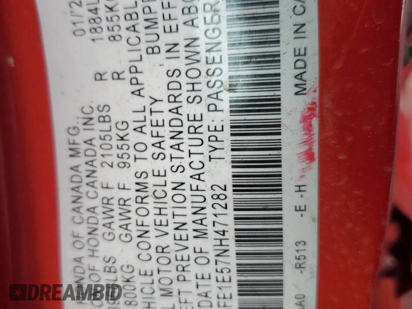 2022 Honda Civic Si with VIN 2HGFE1E57NH471282, listed as a Copart auction lot 69811794 with Not Provided miles and Salvage Title. Bid and sale history available at DreamBid. Image 12.