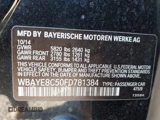 2015 BMW 7 Series 750Li with VIN WBAYE8C50FD781384, listed as a IAAI auction lot 42049829 with 128,087 mi miles and . Bid and sale history available at carsss.com. Image 9.