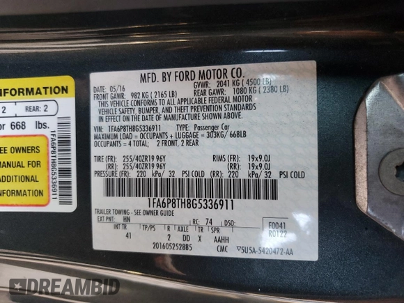 2016 Ford Mustang EcoBoost with VIN 1FA6P8TH8G5336911, listed as a Copart auction lot 58265595 with 53,521 mi miles and Salvage title. Bid and sale history available at DreamBid. Image 12.