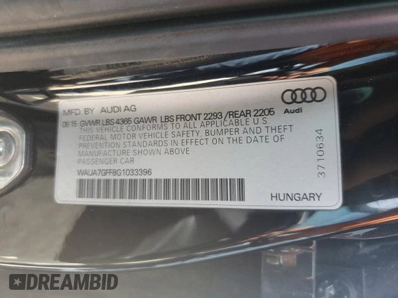 2016 Audi A3 1.8T Premium with VIN WAUA7GFF8G1033396, listed as a Copart auction lot 62927503 with 80,618 mi miles. Bid and sale history available at carsss.com. Image 14.