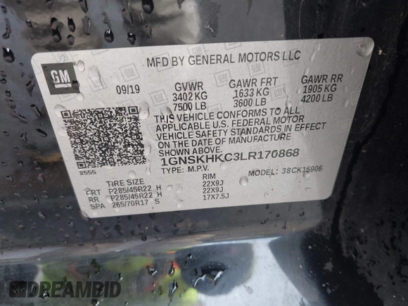 2020 Chevrolet Suburban LT z VIN 1GNSKHKC3LR170868, wystawiony jako IAAI lot #41575519 z przebiegiem 131 080 mil mil oraz . Historia ofert i sprzedaży dostępna na DreamBid. Obrazek 9.