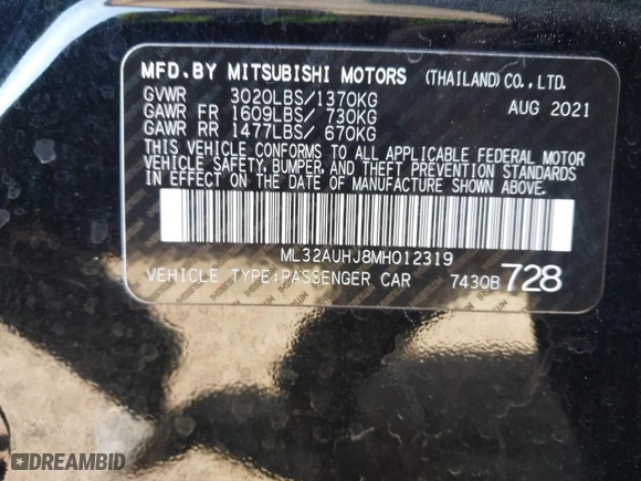 2021 Mitsubishi Mirage ES with VIN ML32AUHJ8MH012319, listed as a IAAI auction lot 41825020 with 49,164 mi miles. Bid and sale history available at carsss.com. Image 9.