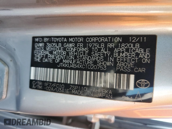 2012 Scion xD with VIN JTKKU4B4XC1020753, listed as a Copart auction lot 50050035 with 254,007 mi miles and Clean Title. Bid and sale history available at DreamBid. Image 12.