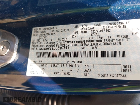 2020 Ford Escape S with VIN 1FMCU0F65LUC54521, listed as a IAAI auction lot 42461719 with 82,578 mi miles and . Bid and sale history available at DreamBid. Image 9.