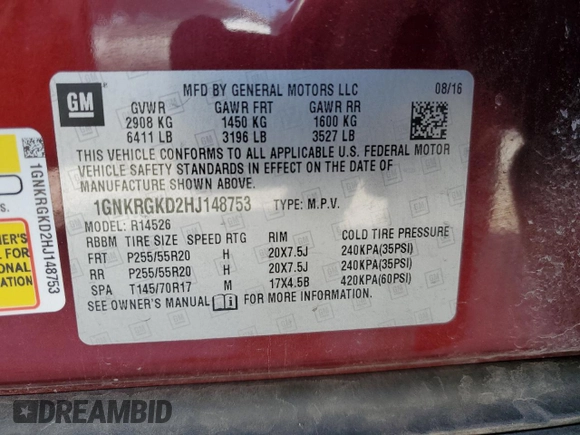 2017 Chevrolet Traverse LT with VIN 1GNKRGKD2HJ148753, listed as a Copart auction lot 48069075 with 129,821 mi miles and Salvage Title. Bid and sale history available at DreamBid. Image 13.