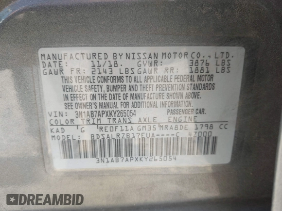 2019 Nissan Sentra S z VIN 3N1AB7APXKY265054, wystawiony jako IAAI lot #40929593 z przebiegiem 75 298 mil mil oraz . Historia ofert i sprzedaży dostępna na DreamBid. Obrazek 9.