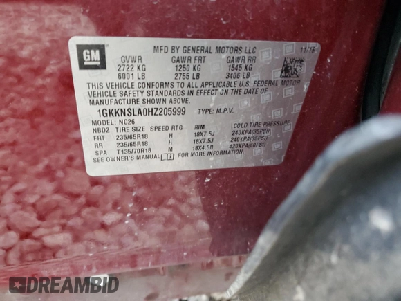 2017 GMC Acadia SLE z VIN 1GKKNSLA0HZ205999, wystawiony jako Copart lot #82444114 z przebiegiem Nie podano mil oraz Szkoda całkowita • Salvage title. Historia ofert i sprzedaży dostępna na DreamBid. Obrazek 13.